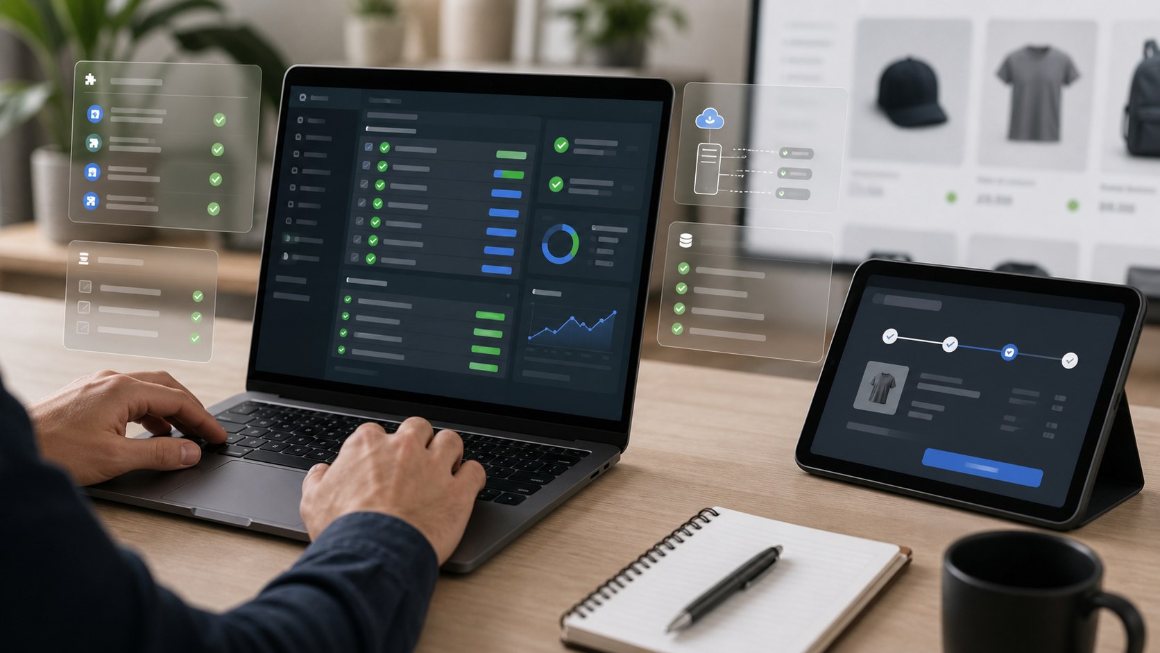 Administrador probando compatibilidad de plugins y checkout WooCommerce antes de actualizar WordPress